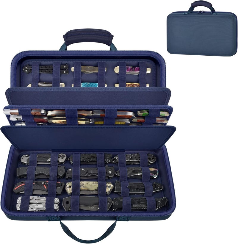 casmilee Knife Display Case for 64+ Pocket Knives, Folding Knives Cases for Collections, Butterfly Knife Storage Bag Holder Roll Organizer for Survival, Tactical, Outdoor, Kitchen, EDC Mini (Blue) - Image 1